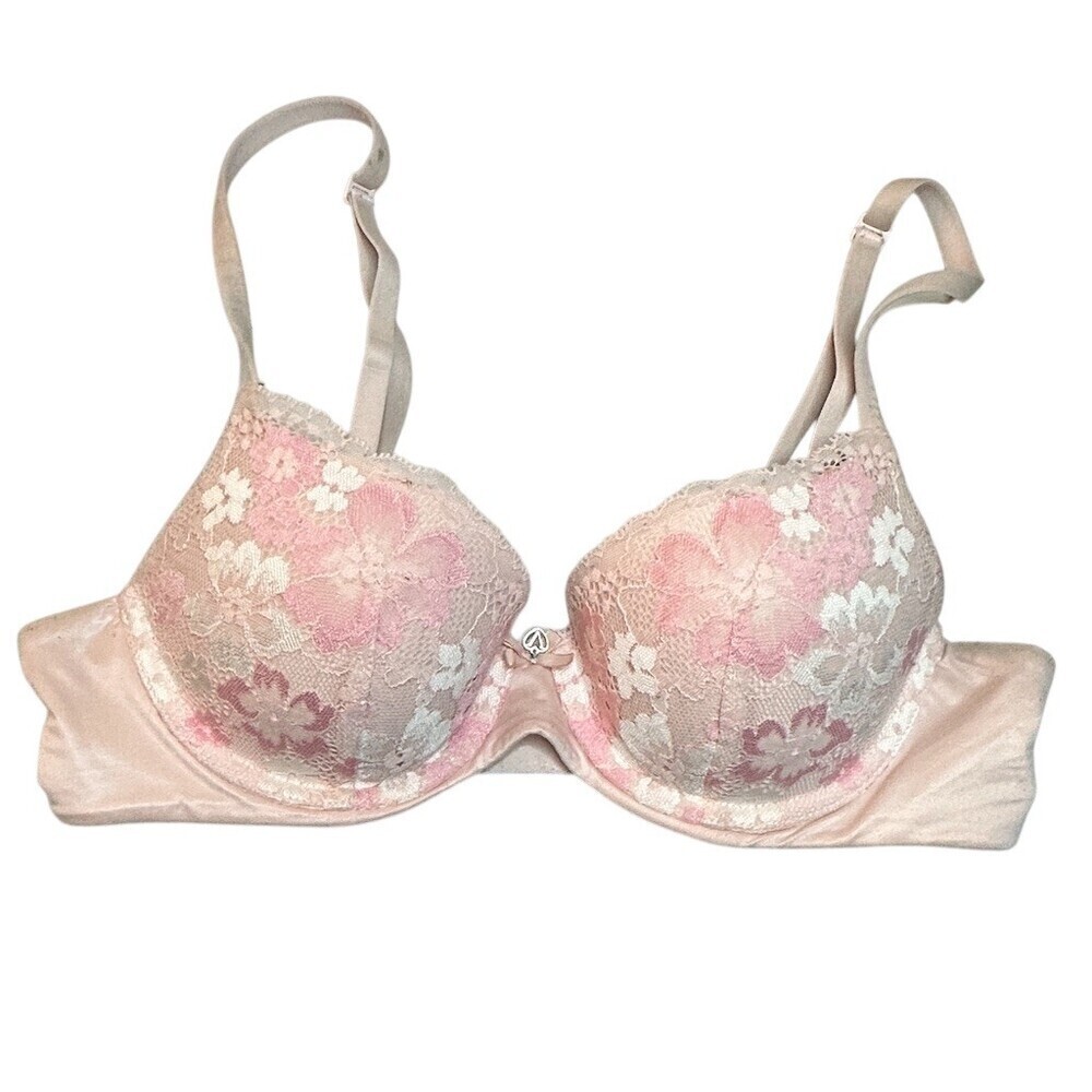 Victoria's Secret Push-Up Underwire Demi Bra Womens 34DD Pink Floral Lace